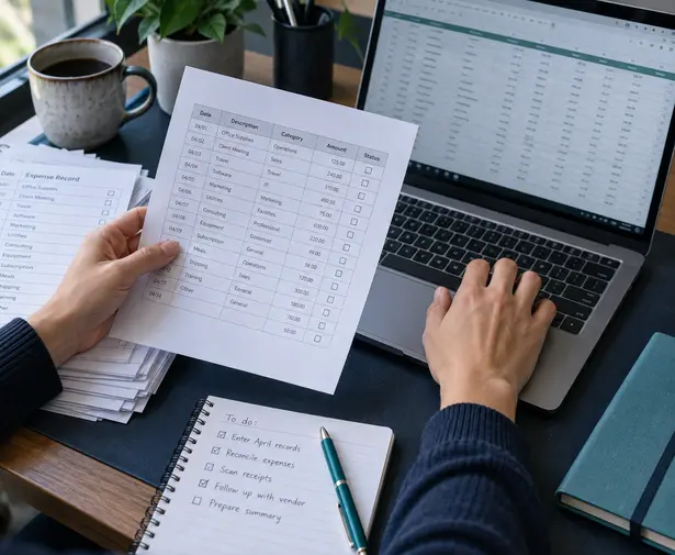 Persona revisando documentos y procesos en un escritorio